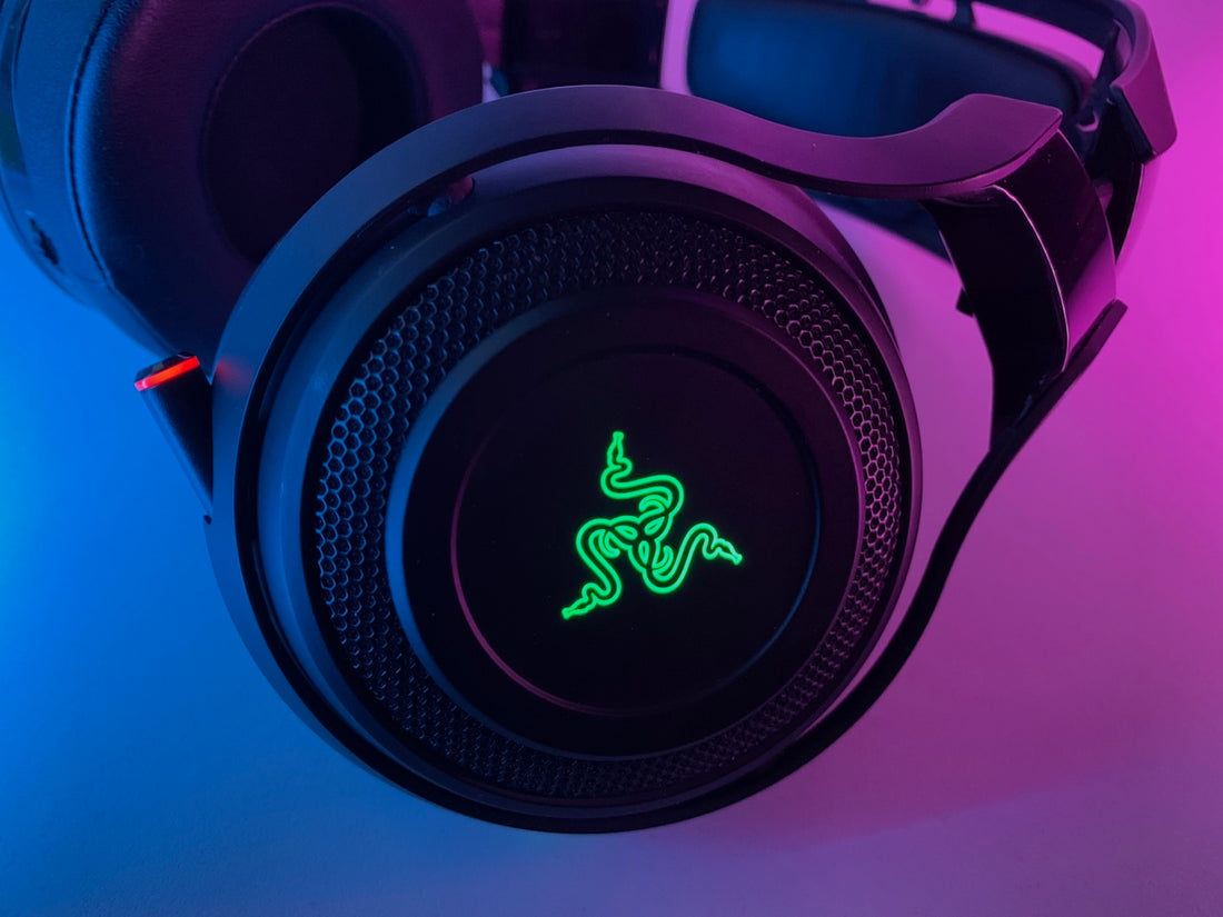 black and blue corded headphones